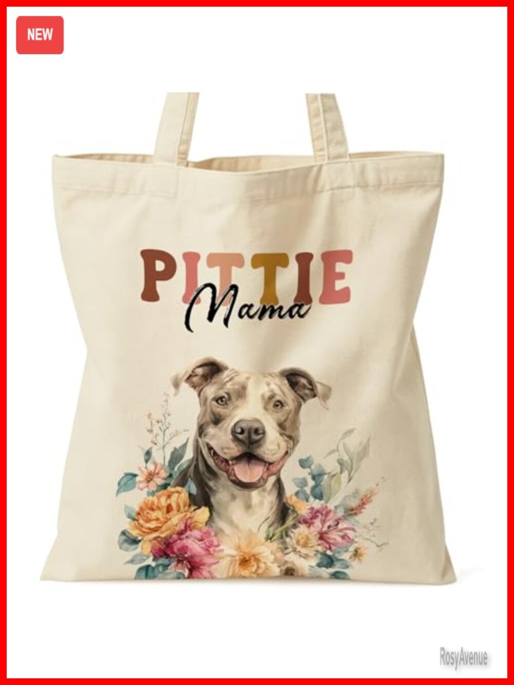 Canvas Tote Bag Pittie Mama Dog Lover Double-Sided Print Inner Pocket